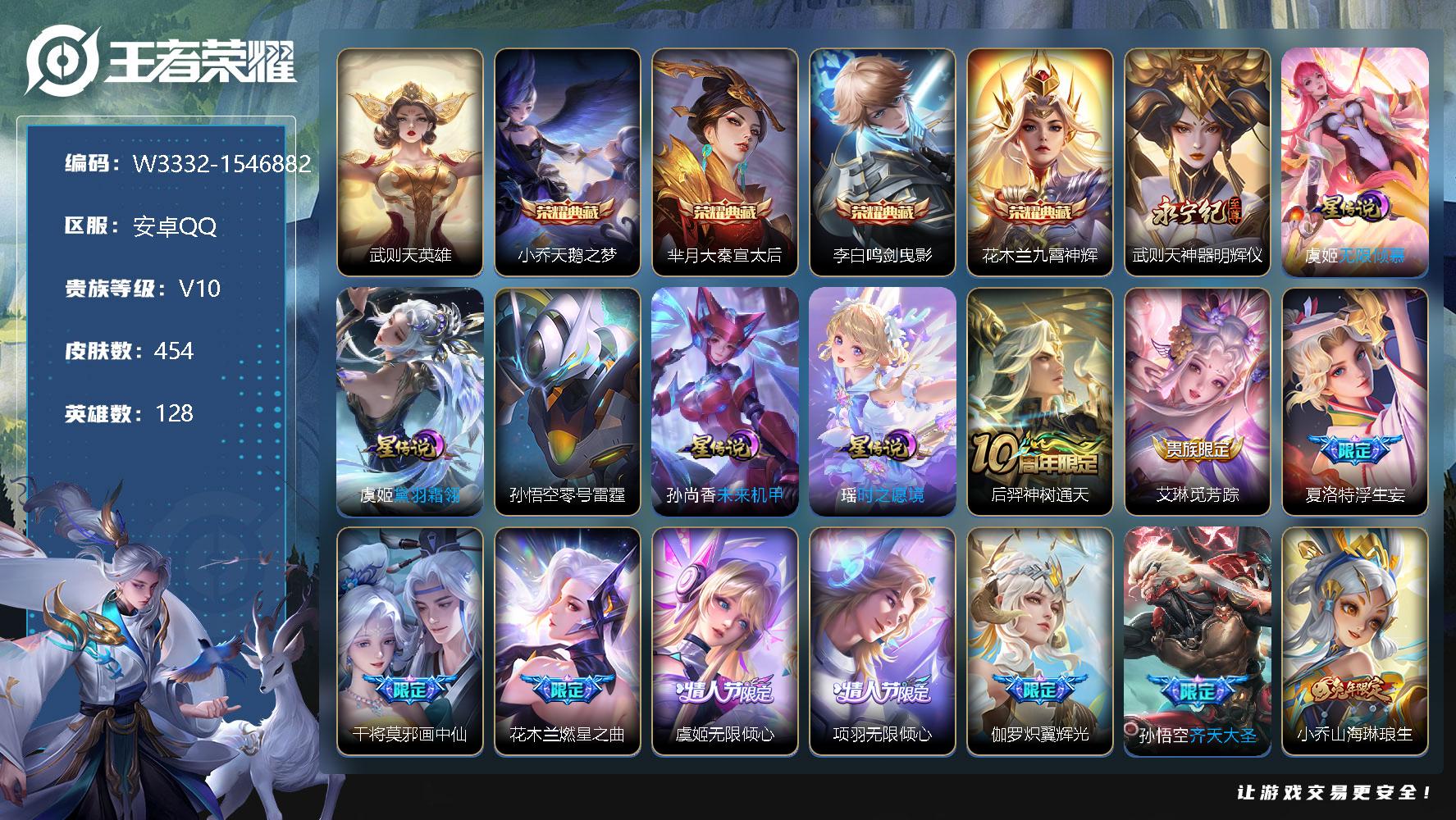 王者荣耀账号安卓QQ128英雄-454皮肤-【W3332】安卓Q区-无二次-贵10-128英雄-454皮肤-6典藏（1水